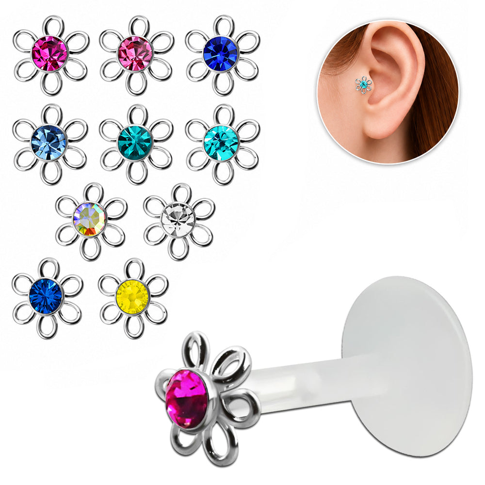 Bio Flex Tragus Flower Labret with Crystal 1.2mm