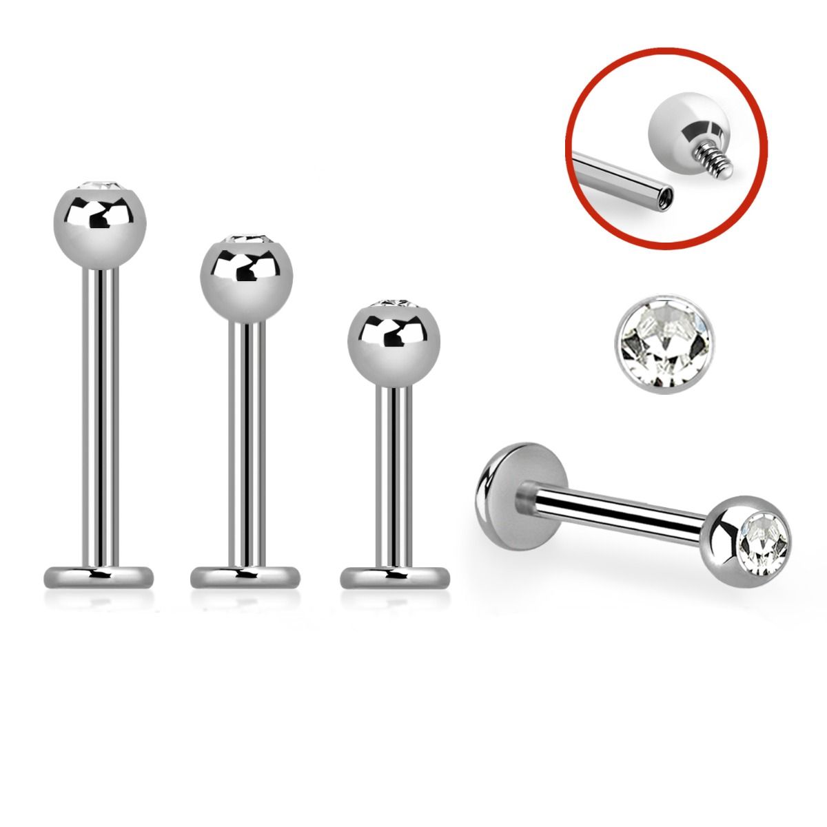 Internally Threaded Labrets with Clear Crystal - Titanium