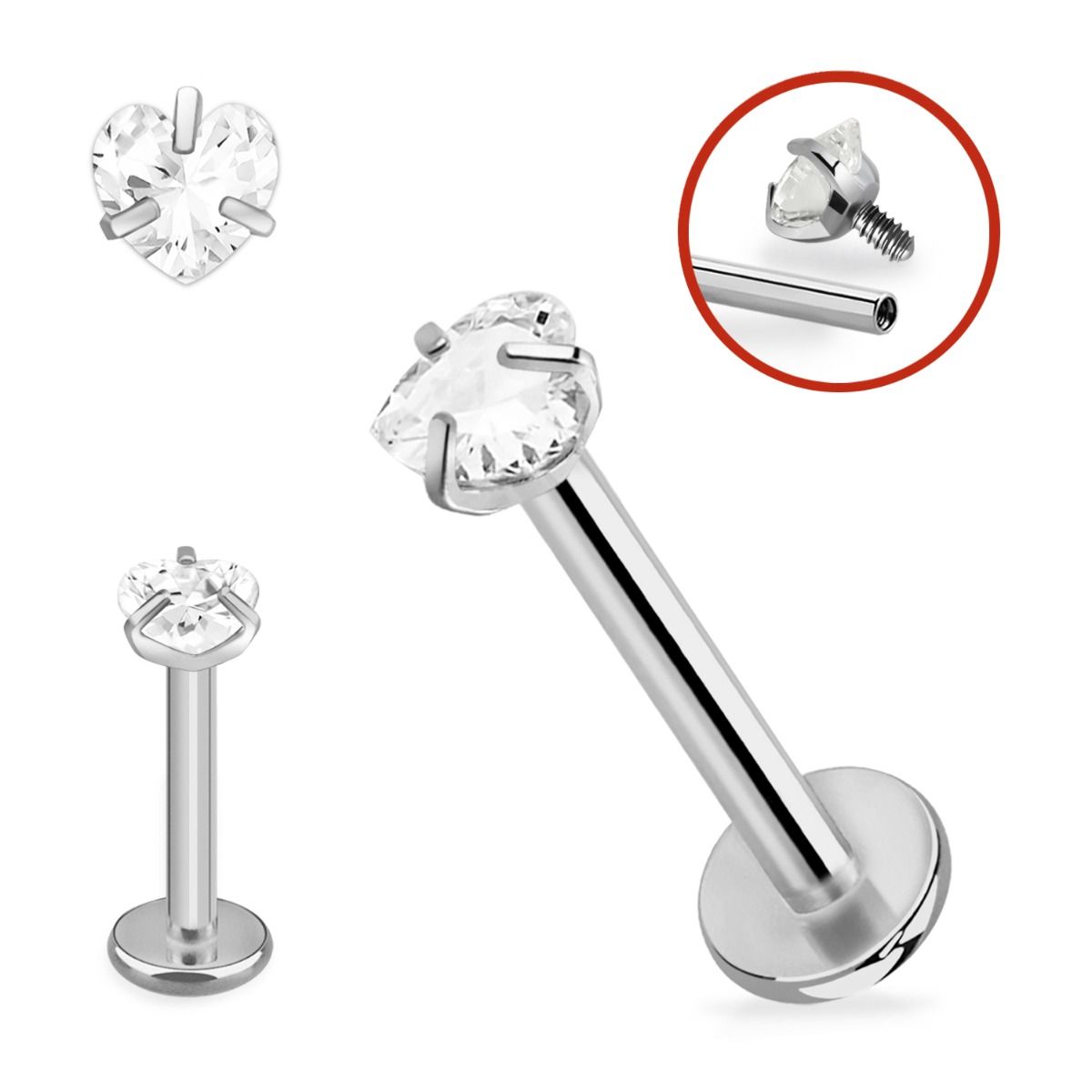 Internally Threaded Labrets with Clear Heart Crystal - Titanium